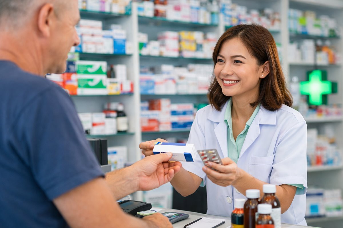 Apothekerin in Pattaya übergibt einem Kunden Medikamente in einer thailändischen Apotheke