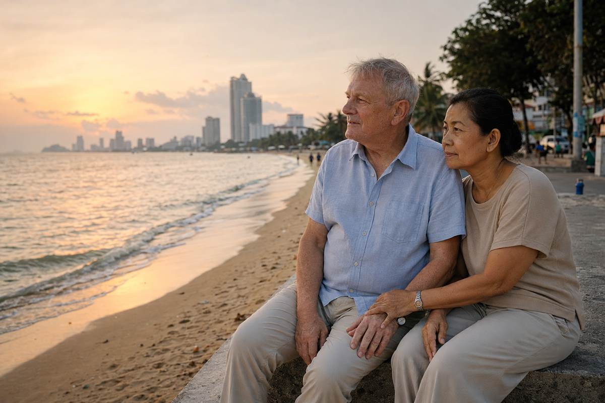 Älterer deutscher Rentner mit thailändischer Partnerin am Strand von Jomtien bei Pattaya