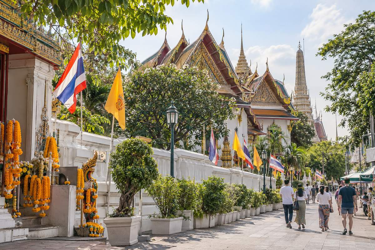 Thailändische Flaggen vor einer Tempelanlage an einem Feiertag in Thailand