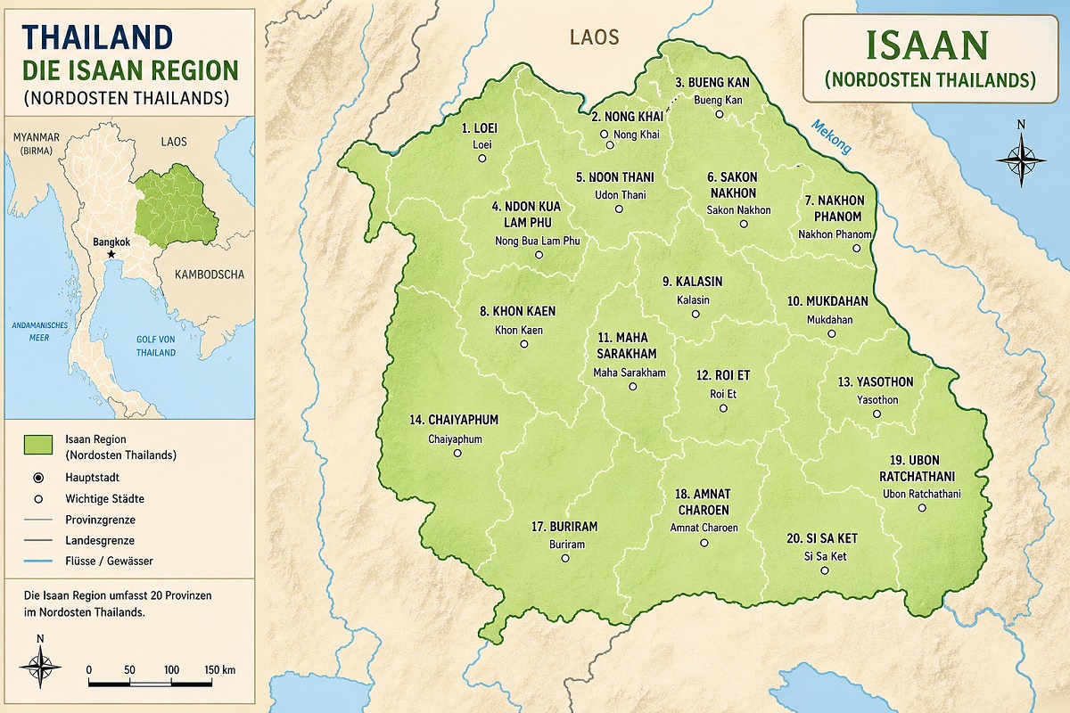 Isaan Thailand Karte Nordosten mit Provinzen wie Khon Kaen, Udon Thani und Ubon Ratchathani