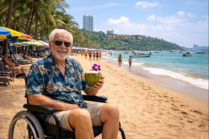 Rollstuhlfahrer an der Strandpromenade von Pattaya
