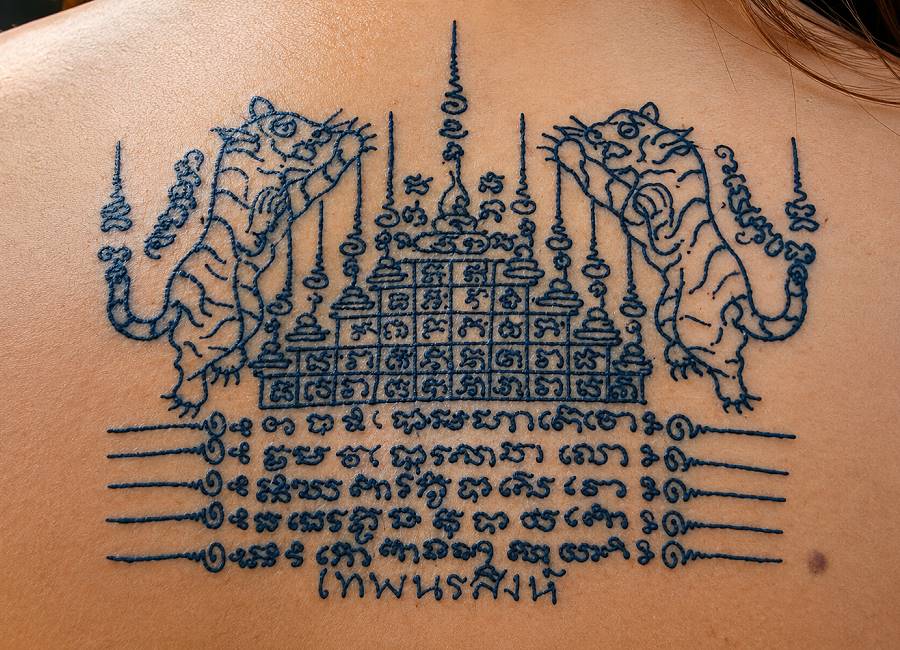 Traditionelle Sak-Yant-Tätowierung mit zwei Tigern aus Thailand