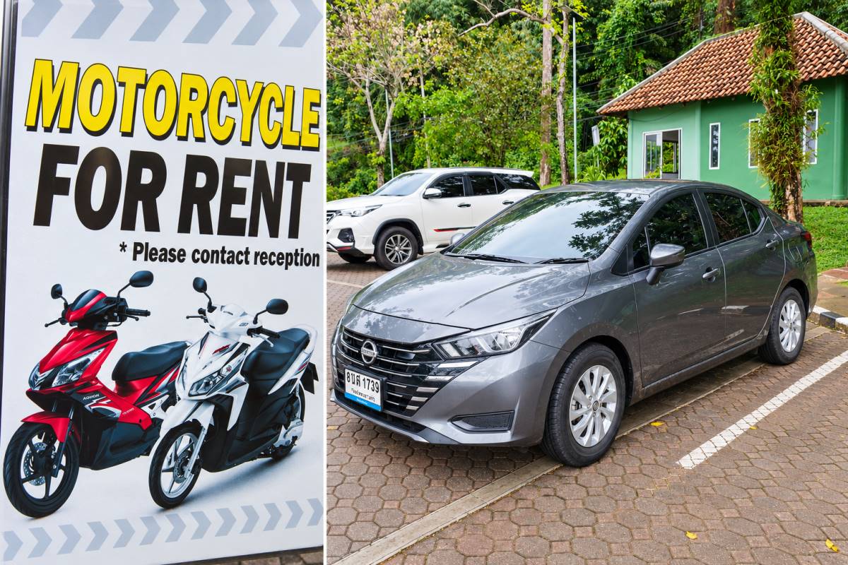 Fotomontage: Schild einer Rollervermietung und grauer Nissan-Mietwagen in Thailand