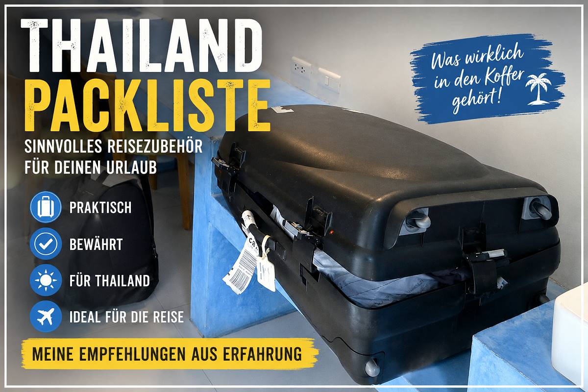 Thailand Packliste mit Koffer und praktischem Reisezubehör für den Urlaub