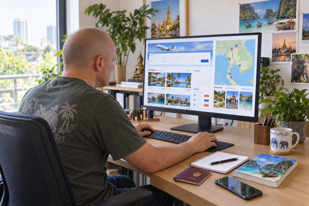 Matze plant am Computer Flüge, Hotels und eine Reiseroute durch Thailand