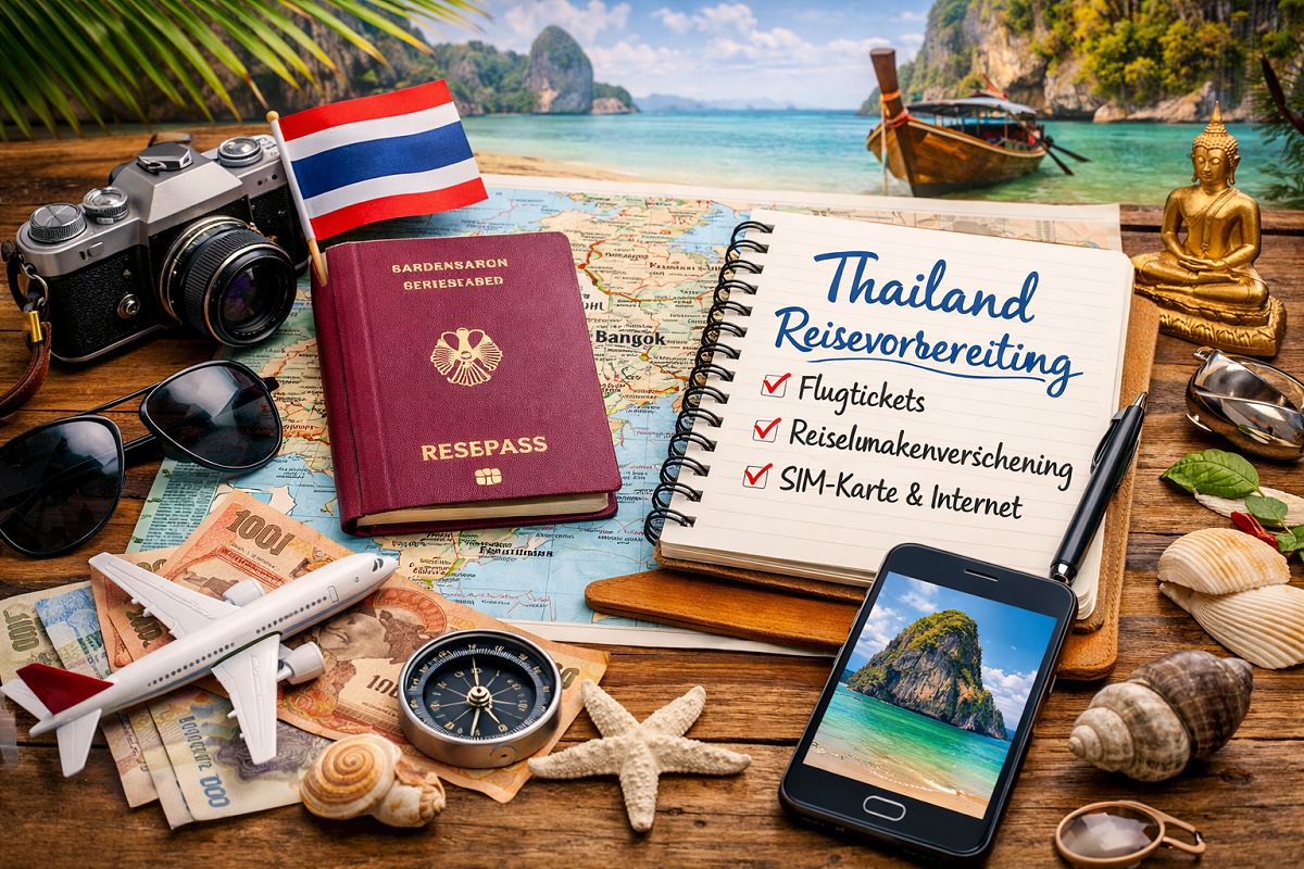 Thailand Reisevorbereitung mit Reisepass, Smartphone und Unterlagen