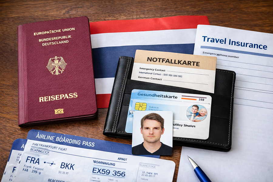 Reisepass, Versicherungsunterlagen und Notfallausweis für eine Thailand-Reise vorbereitet