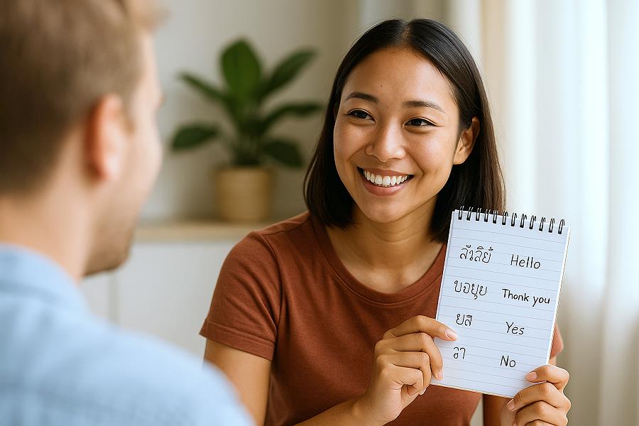 Frau zeigt Thai-Redewendungen im Notizbuch