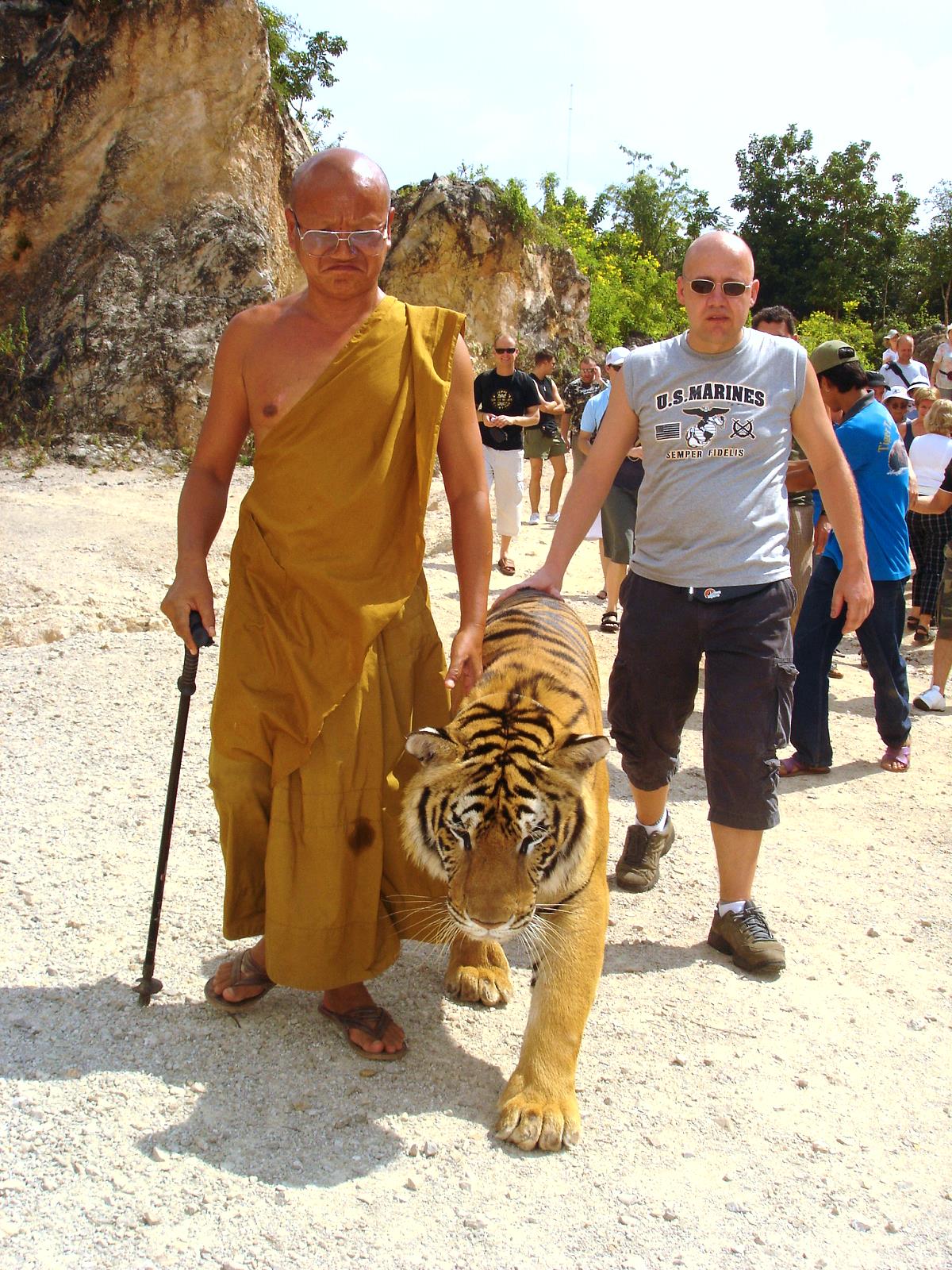 Besucher mit Tiger im Tiger Tempel Kanchanaburi während eines Besuchs im Jahr 2006