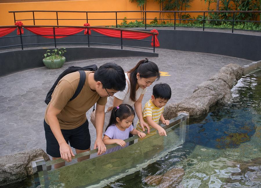 Familie am Touch-Pool im Underwater World Pattaya