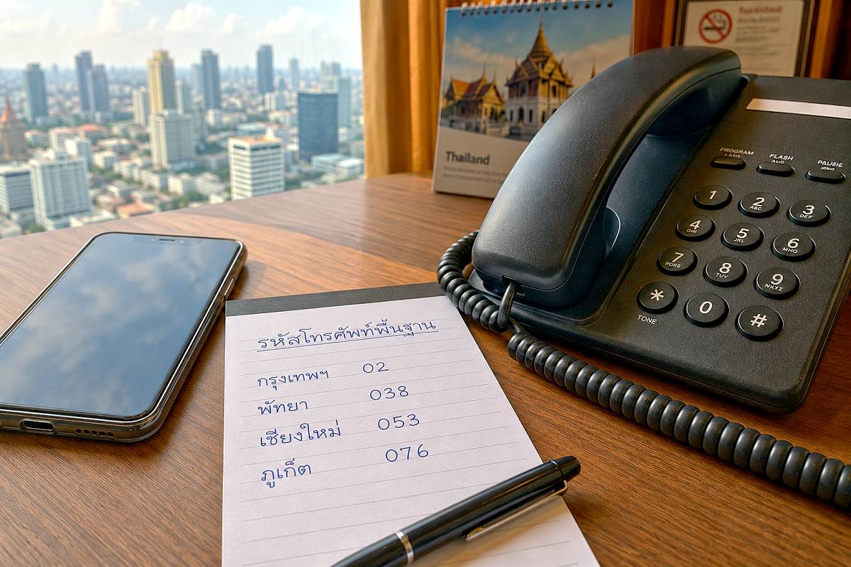 Telefon und Smartphone mit Notizen zu Vorwahlen in Thailand